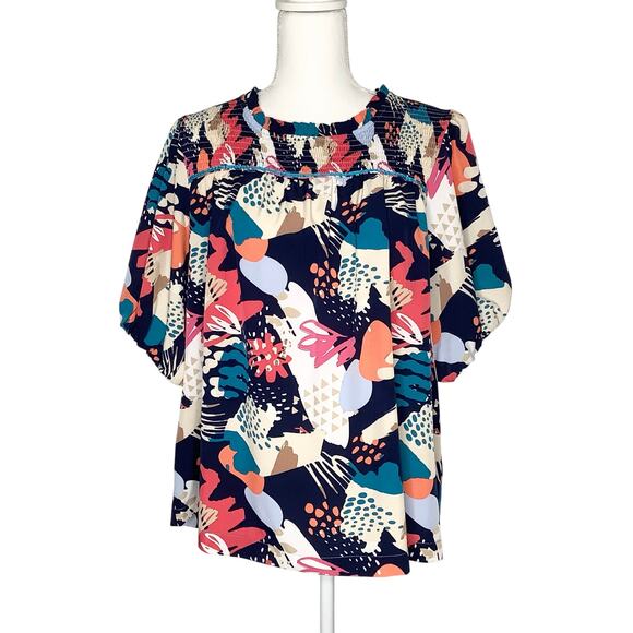 Umgee Suzie Multicolor Abstract Print Short Sleeve Smocked Peasant Blouse Top XL - Picture 2 of 9